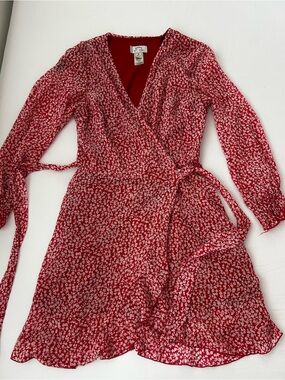 Sweet Storm Red Floral Wrap Dress with Long Sleeves
